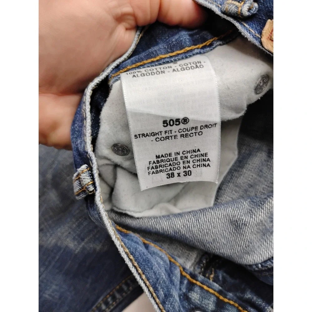Levi 505 Straight Leg Regular Faded Blue Denim Jeans 38x30 Y2k Faded